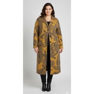 Silk Club 100% Wool Yellow Paisley Midi Length Coat Pockets Womens Size Large